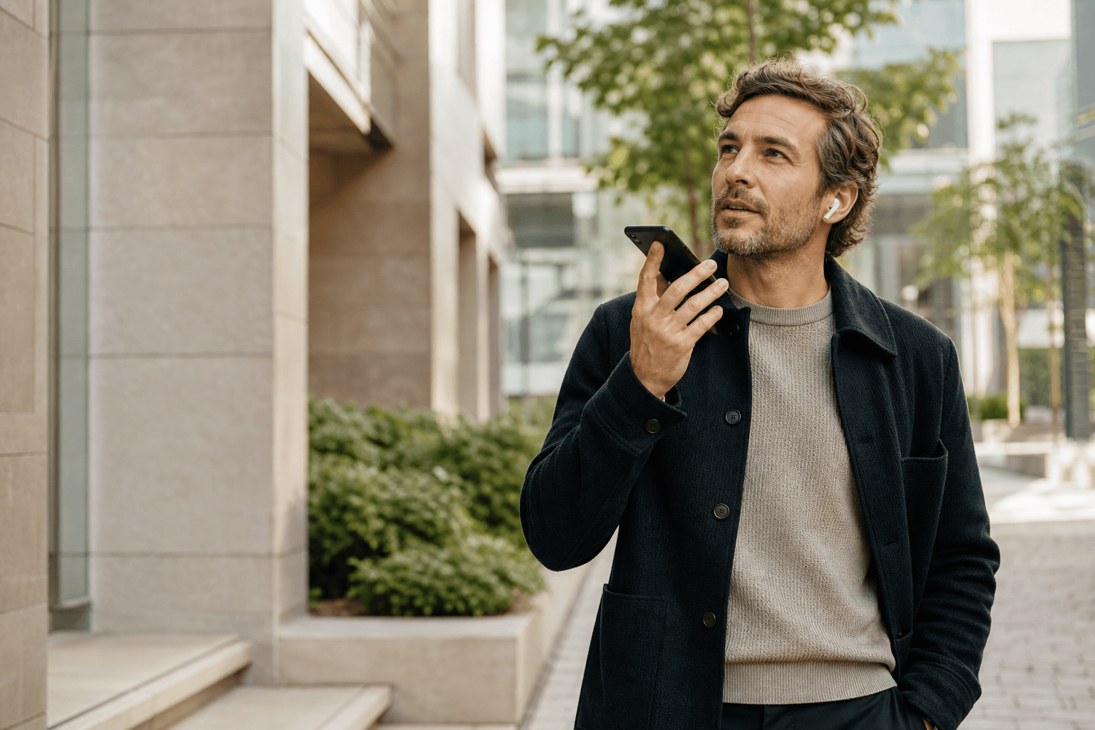A person capturing a thought by voice while walking